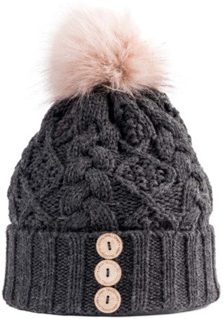 Ladies Toque - Aran Cable Knit Button - Charcoal