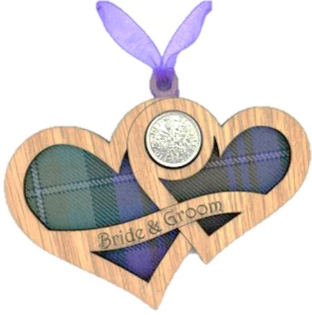 Lucky Sixpence - Bride & Groom Twin Hearts - Various Tartans