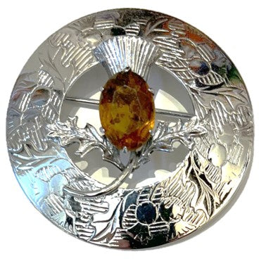 Brooch - Chrome Plated With Topaz Thistle Stone