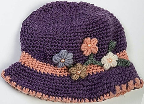 Hat - Ladies Crocheted Purple Corsage
