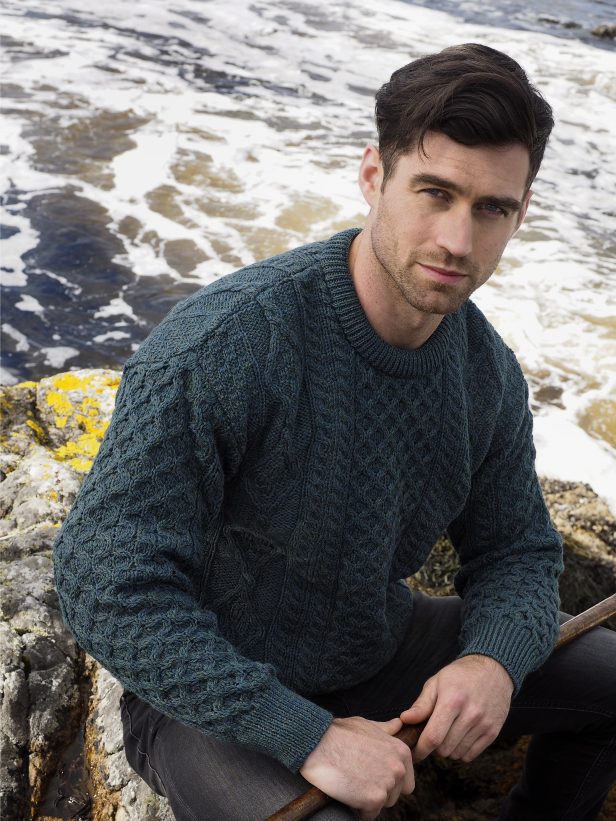 Inish Mor Moss Green Aran Crew Neck Sweater