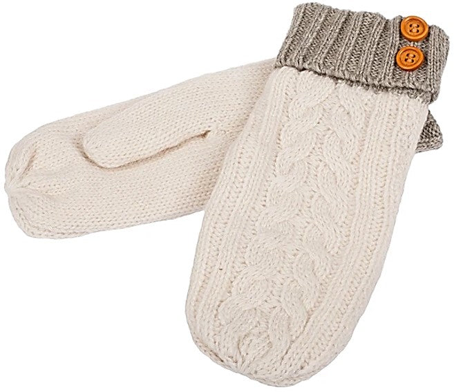 Mittens - Ladies Aran Cable Contrast Cuff Cream