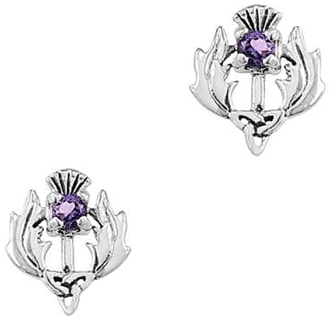 Earrings - Scottish Thistle Silver Stud Earrings with Amethyst colour stone