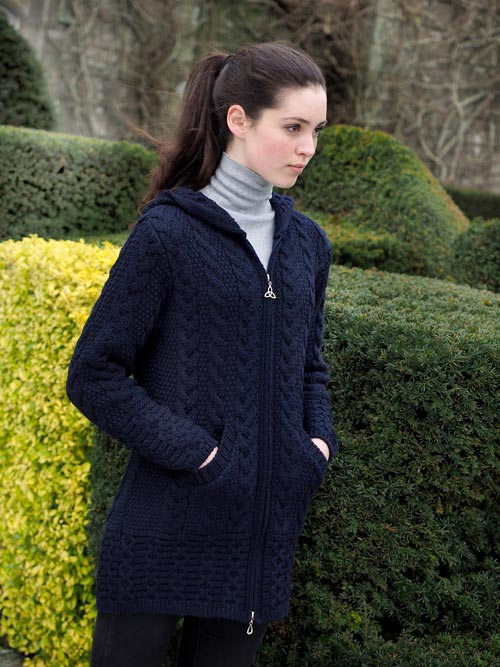 Aran Navy Blue Hooded Full Zip Coat