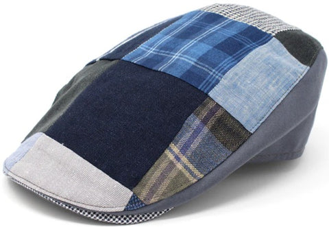 Flat Cap - Donegal Touring Cap Patchwork Linen - Blue & Grey