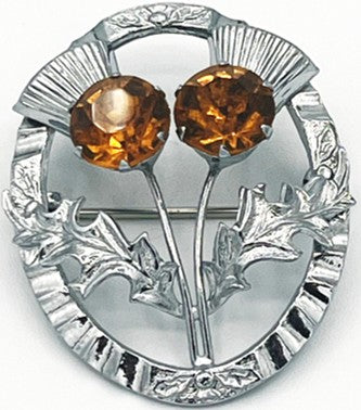 Brooch - Silver Tone Thistles & Topaz Glass Stones