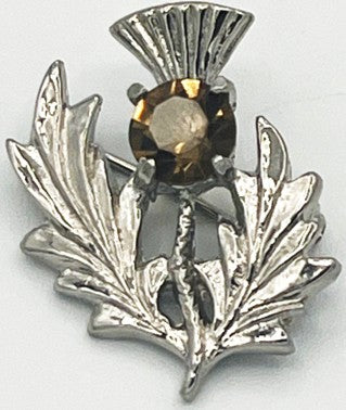 Brooch - Silver Tone Thistle & Smoky Quartz (glass) Stone