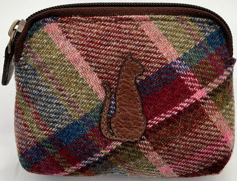 Coin Purse Cat - Pink Tweed/Brown Leather