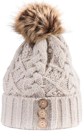 Ladies Toque - Aran Cable Knit Button - Oatmeal