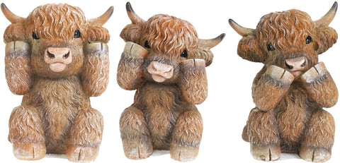 Three Wise Highland Cow Figurines - Hear, See, & Speak No Evil