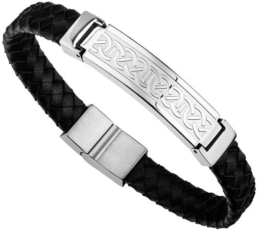 Stainless Steel Black Leather Celtic Bracelet