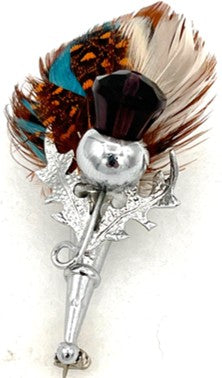 Chrome Plated Feather Brooch with Dark Amethyst (glass) Stone
