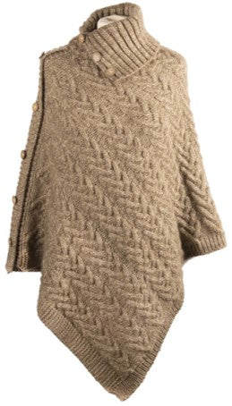 Aran Cable Button Rib Polo Poncho - Tan Twist
