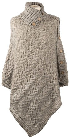 Aran Cable Button Rib Polo Poncho - Grey Twist