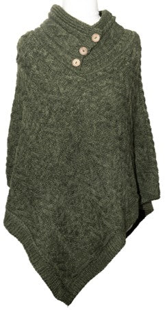 Aran Cable Button Shawl - Dark Green