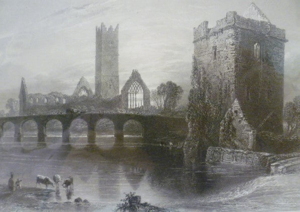 Antique Steel Engraving - The Abbey of Clare, Galway