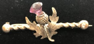 Brooch - Sterling Silver Bar with Thistle and Amethyst Stone