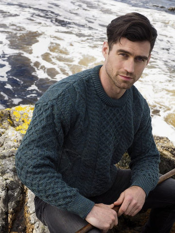 Inish Mor Moss Green Aran Crew Neck Sweater