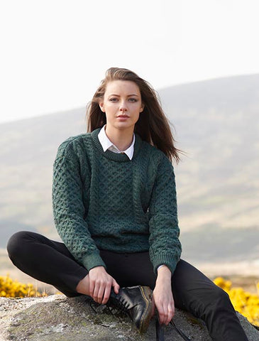 Inish Mor Moss Green Aran Crew Neck Sweater