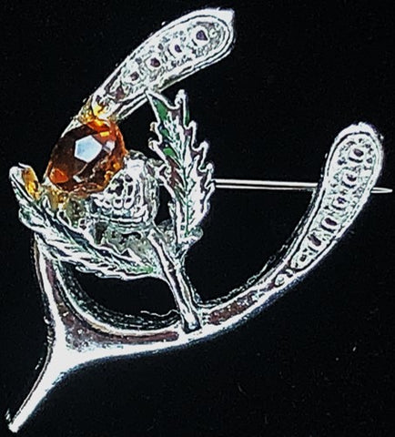 Brooch - Silver Tone Wishbone Thistle With Topaz Glass Stone