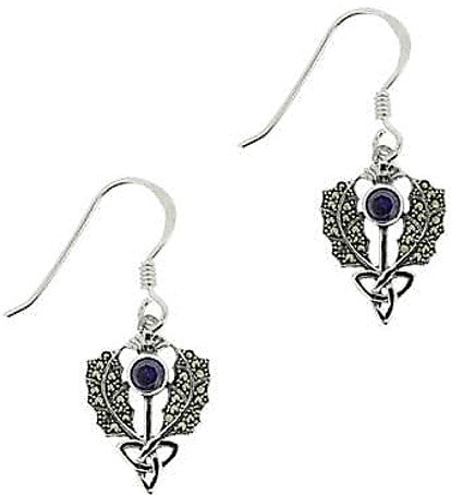 Earrings - Scottish Thistle Marcasite Drop Earrings with Amethyst