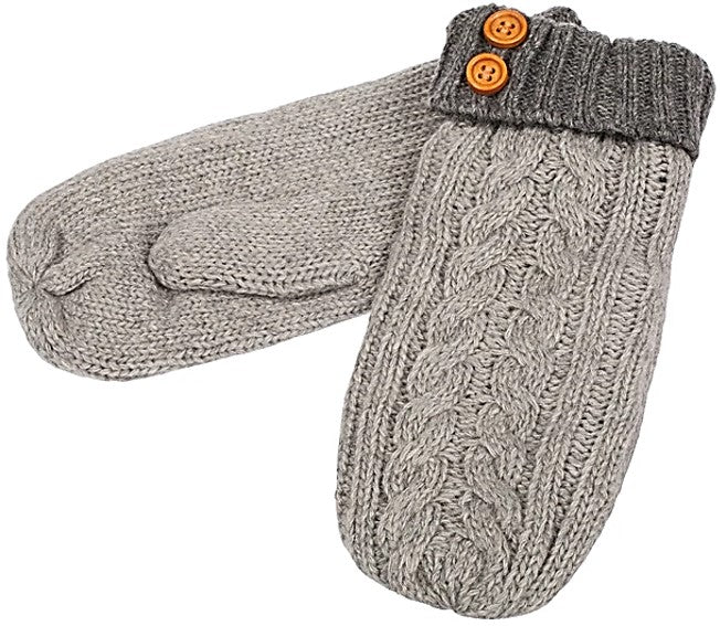 Mittens - Ladies Aran Cable Contrast Cuff Grey