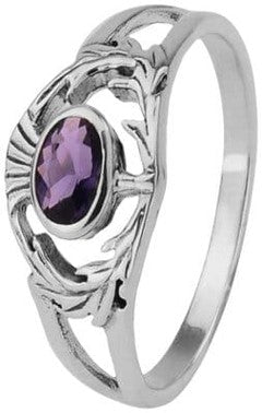 Ring - Scottish Thistle Silver Ring with Amethyst Stone